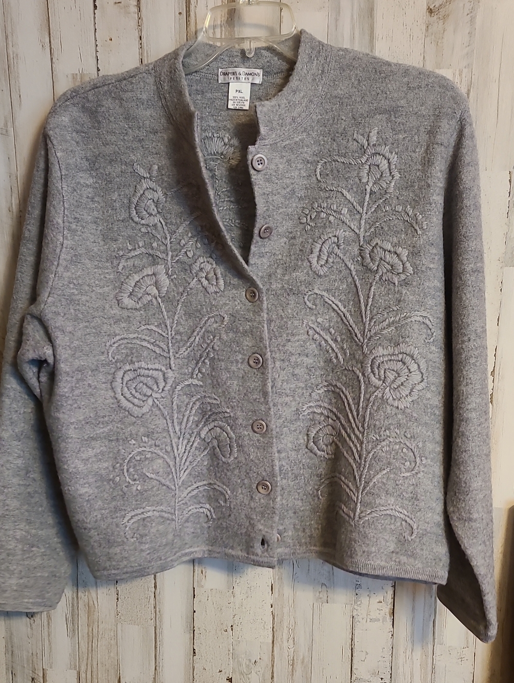 Cozy Embroidered Gray Button-Front Cardigan Sweater